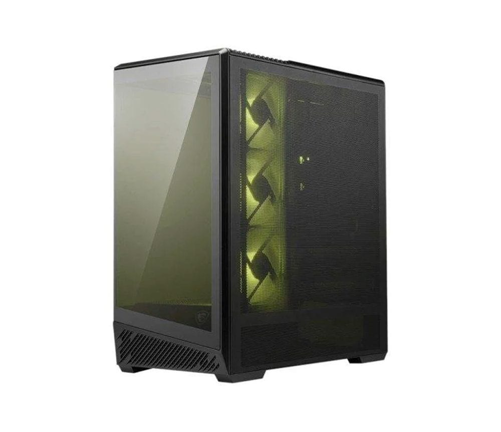 Torre de ordenador gaming con ventiladores LED verdes y panel de vidrio.