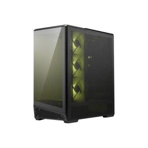 Torre de ordenador gaming con ventiladores LED verdes y panel de vidrio.