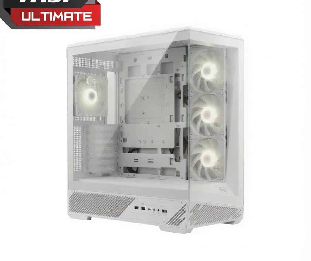 Torre de ordenador gaming blanca con panel de cristal templado y ventiladores iluminados
