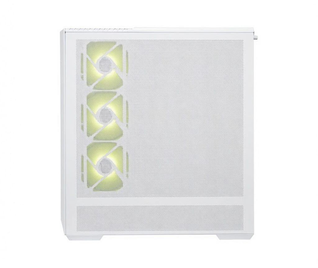 Caja de ordenador gaming con ventiladores iluminados en verde.