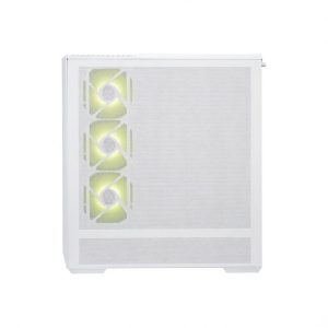 Caja de ordenador gaming con ventiladores iluminados en verde.