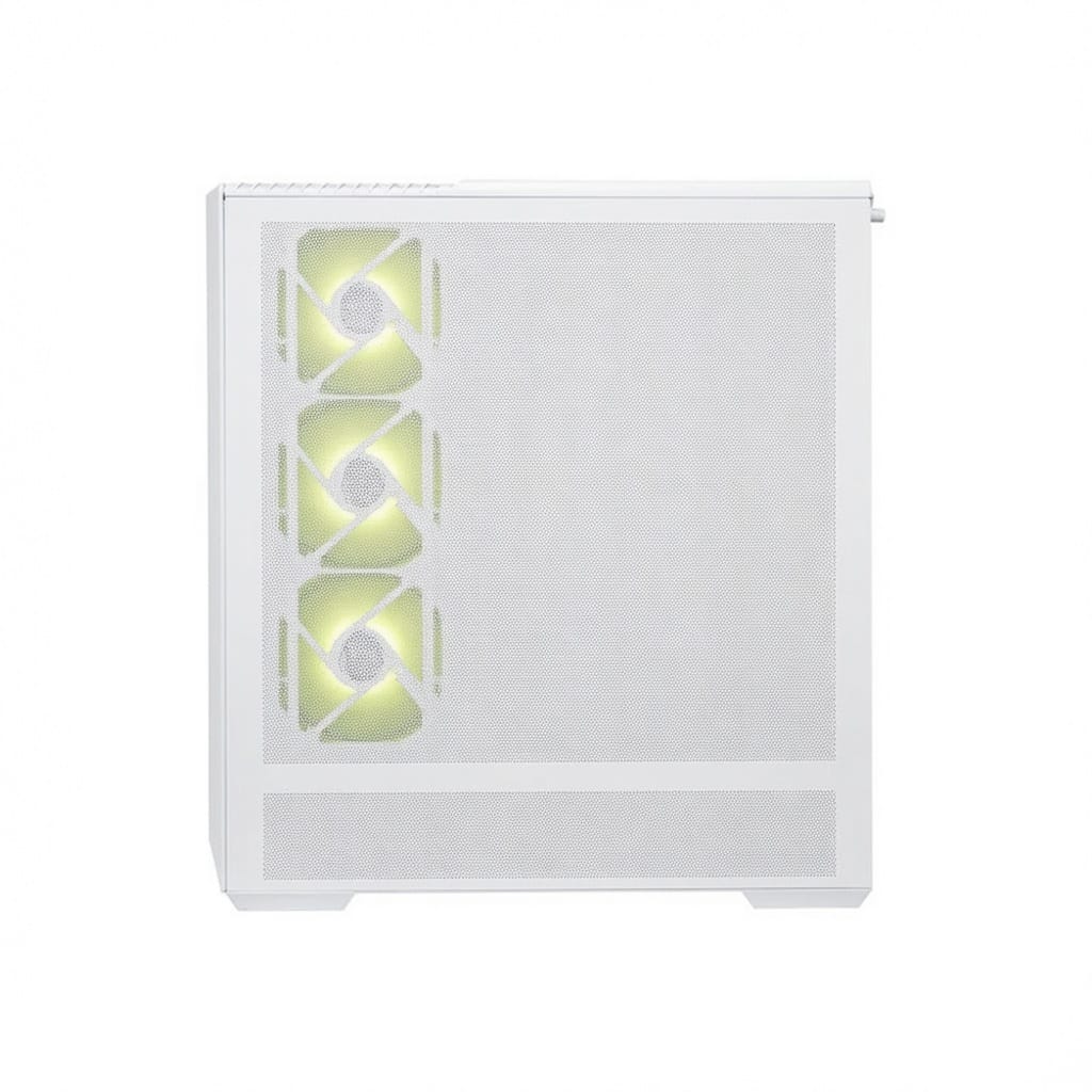 Caja de ordenador gaming con ventiladores iluminados en verde.