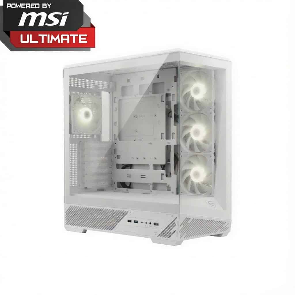 Torre de ordenador gaming blanca con panel de cristal templado y ventiladores iluminados