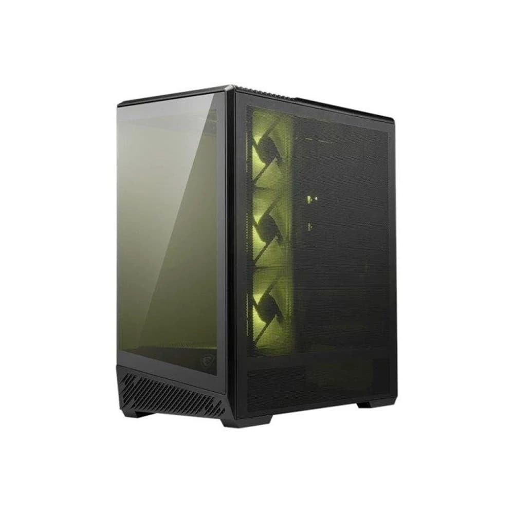 Torre de ordenador gaming con ventiladores LED verdes y panel de vidrio.